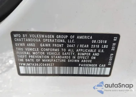 2018 Volkswagen Passat 3.6L V6 Gt z USA, uszkodzony, nr VIN 1VWJM7A39JC049527